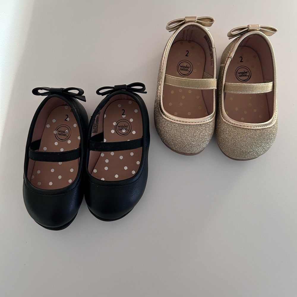 Infant/Toddler Size 2 Wonder Nation Dress Shoes Ballet Flat (2 pairs)Black &Gold